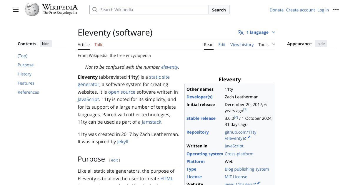 A screenshot of the Wikipedia page for Eleventy